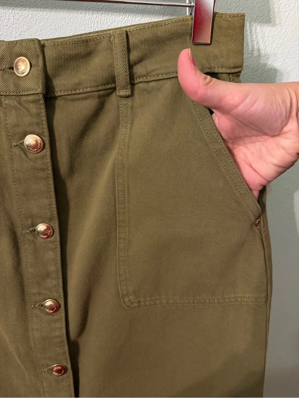 NWT Michael Kors Olive Green Button Front Denim Utility Skirt Pockets Size 6